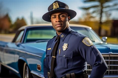 African American Policeman Poses By The Company Car Premium Ai