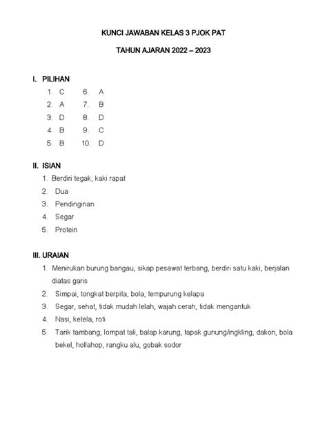 Kunci Jawaban Dan Penskoran Kelas 3 Pjok Pat Pdf