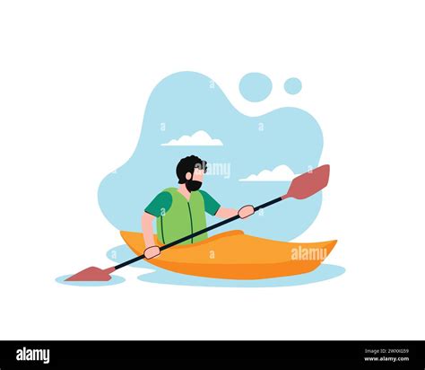 Man Rafting In Canoe On Water Simple Blue Sky Background Cartoon Male