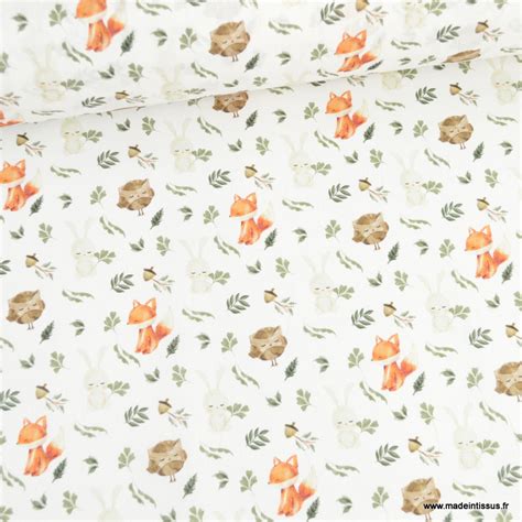 Tissu Coton Roxibou Motifs Lapins Hiboux Et Renards Fond Blanc Oeko Tex