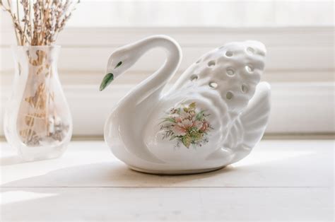 Decorative White Swan Vase With Floral Accents