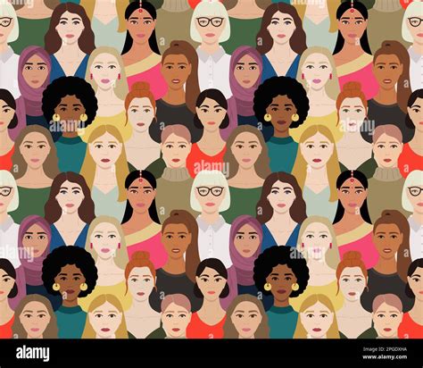 Seamless Pattern Of Female Multinational Diverse Faces International