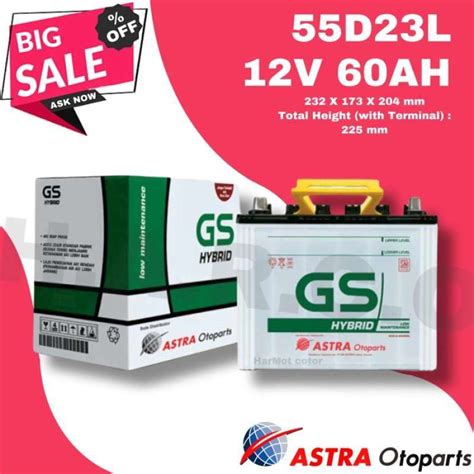 Promo Aki Mobil Gs Hybrid 55D23L 12V 60Ah Original Astra Diskon 23 Di