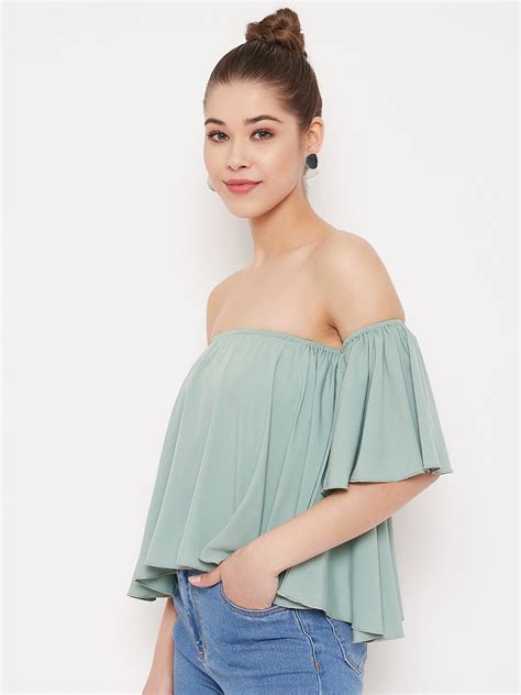 Berrylush Women Solid Green Off Shoulder Strapless Bardot Top