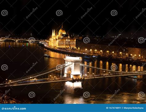 Hungarian Landmarks At Night Chain Bridge In Budapest Stock Image