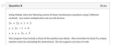 Question Pts Using Matlab Solve The Following Chegg