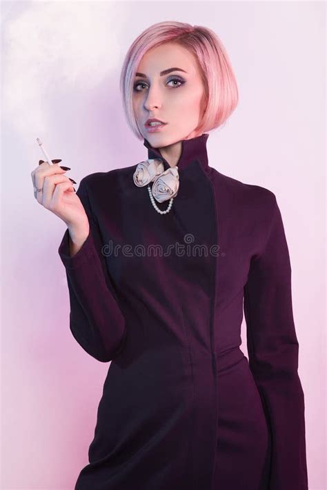 Beautiful Woman In Dress Smoke A Cigarette Stock Image Image Of Blonde Beautiful