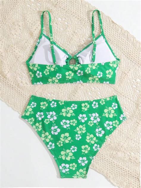 Shein Teen Girls Floral Print Ring Linked Bikini Swimsuit Shein Uk