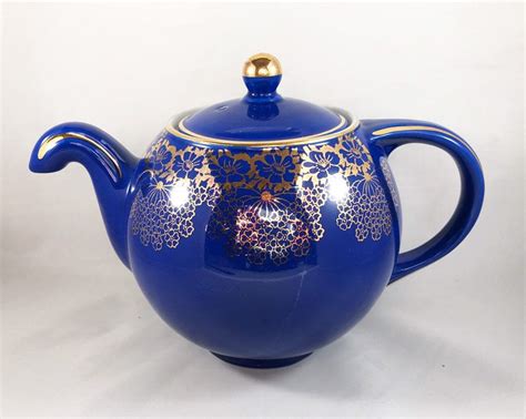 Vintage Hall Teapot 6 Cup In Cobalt Blue With Gold Floral Etsy Tea