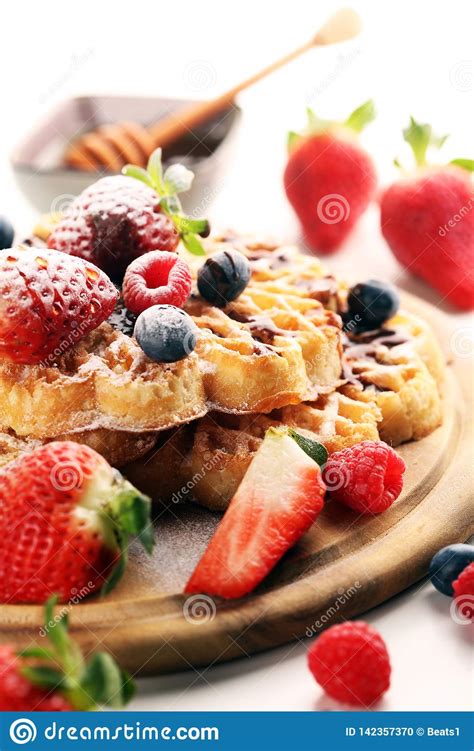 Waffle Traditional Belgian Waffles With Fresh Fruit And Powder Sugar