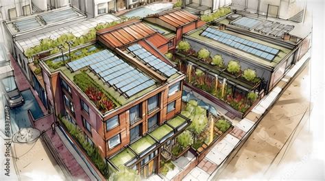 Sketch Of Sustainable Urban Architecture Featuring Green Roofs And