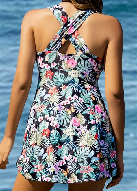 Cocopear Women S Elegant Crossover One Piece Swimdress Floral Skirted