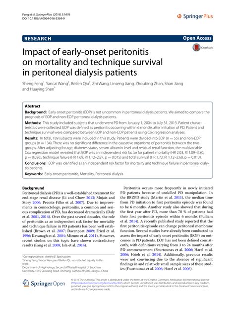 Pdf Impact Of Early Onset Peritonitis On Mortality And Technique Survival In Peritoneal