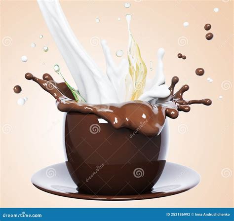 Cup Of Hot Melted Milk Chocolate And Pouring Milk Sauce Or Syrup Pouring Chocolate Wave Or