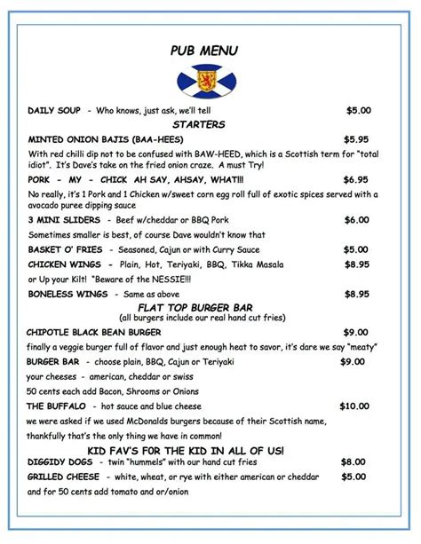 Scottish Dave's Pub Menu, Menu for Scottish Dave's Pub, Clinton ...