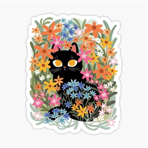 Black Cat In Flower Patch Sticker For Sale By Michelledraws Redbubble