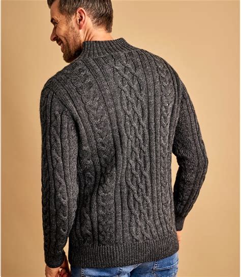 Charcoal Mens Pure Wool Aran Cable Zip Neck Knitted Sweater Woolovers Us