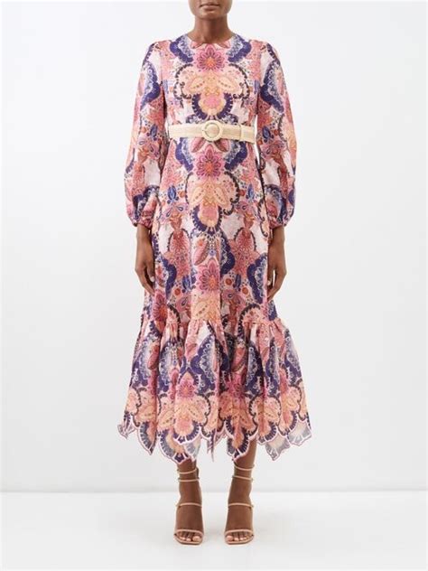 Zimmermann Laurel Billow Printed Linen Midi Dress Navy Pink Shopstyle