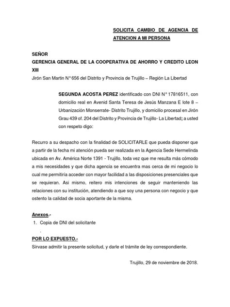 Solicitud Cambio De Agencia Modelo Pdf