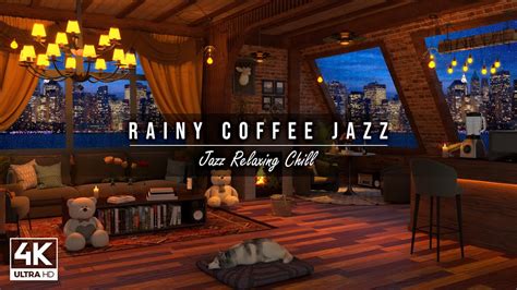 Rainy Night 4K Coffee Shop Ambience With Relaxing Piano Jazz Music To