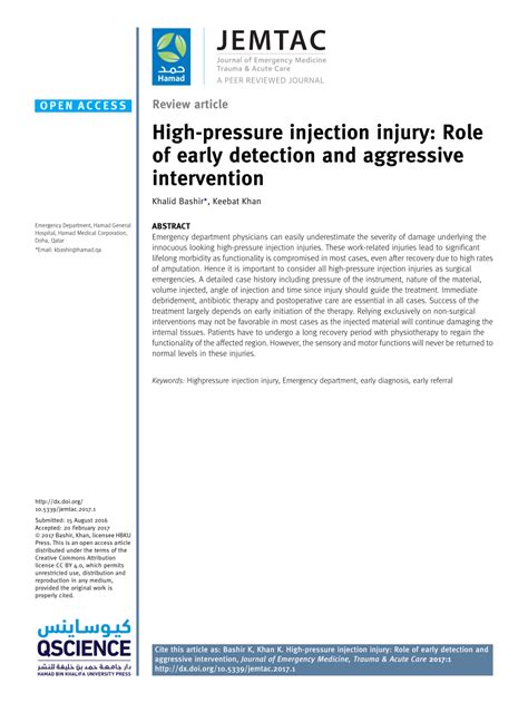 Pdf High Pressure Injection Injury Role Of Early Detection And Aggressive Intervention