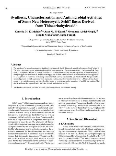 Pdf Synthesis Characterization And Antimicrobial Activities Of Some New Heterocyclic Schiff