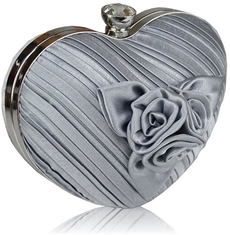 Wholesale Silver Flower Hardcase Heart Clutch Bag