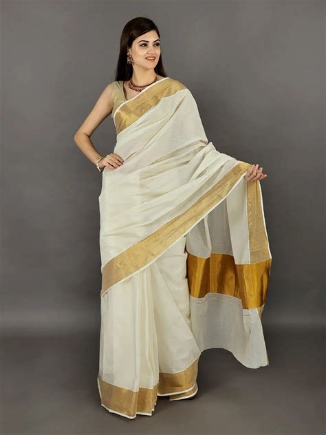 Cloud Cream Kasavu Puja Saree From Kerala With Golden Border Exotic