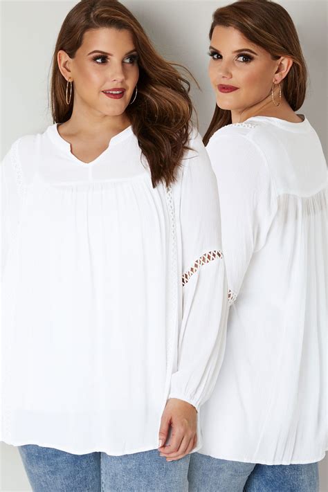 White Smock Blouse With Lace Ladder Detail Plus Size 16 To 36