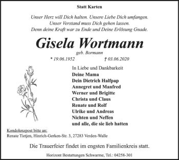 Traueranzeigen Von Gisela Wortmann Trauer Kreiszeitung De