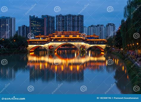 Anshun Bridge At Night Surrounded By Modern Building In Chengdu City