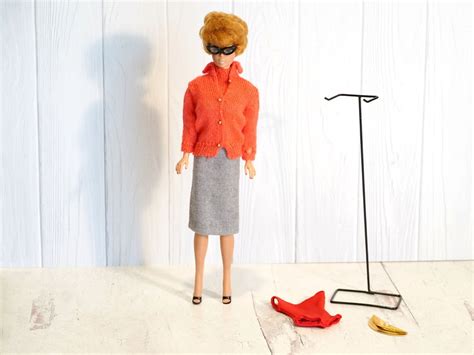 Vintage Mattel Blonde Bubblecut Barbie Pink Lips Red Swimsuit Black Shoes Cat Eye