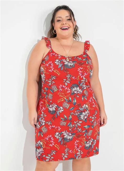 Vestido de Alças Floral Vermelho Plus Size Marguerite