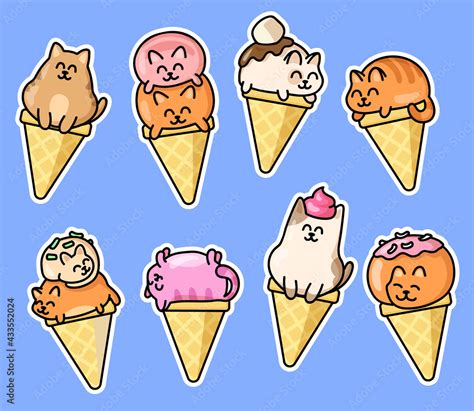 Cute Cat Ice Cream Stickers Set Kawaii Kitties In Waffle Cones Happy