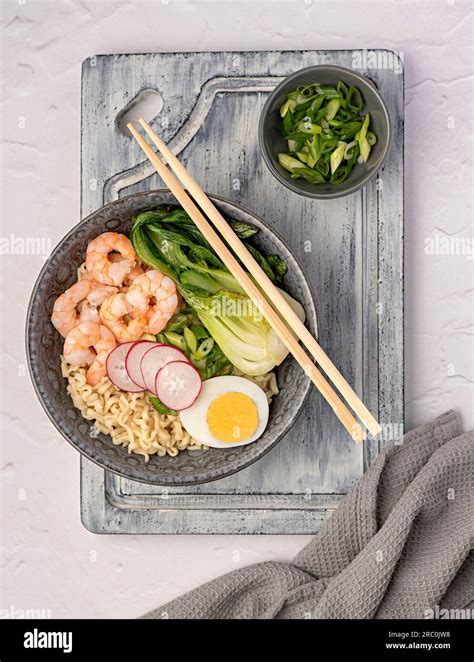 Food Photography Of Soup Ramen Boiled Egg Onion Shrimp Noodle