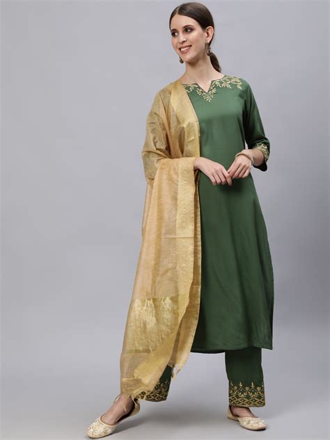 Buy Jaipur Kurti Women Green And Gold Toned Pleated Kurta With Trousers