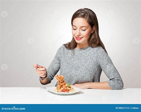 Young Brunette Having Italian Food Stock Image Image Of Sauce