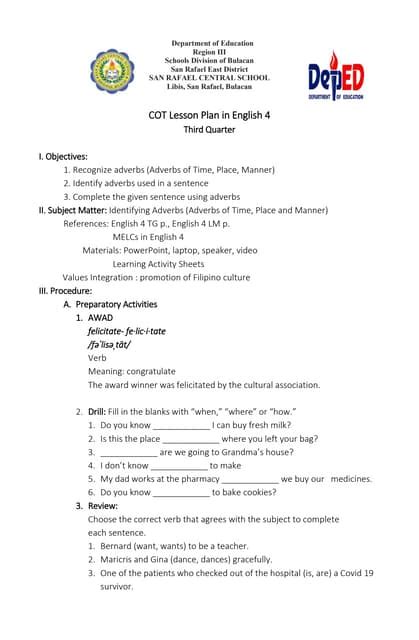 Cot Lesson Plan In English 4 3rd Quarter 1 Docx