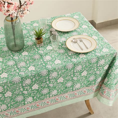 Green Floral Block Print Tablecloth Indian Cotton Table Etsy