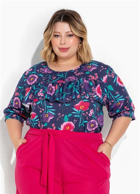 Blusa Floral Marinho Babado Plus Size Marguerite