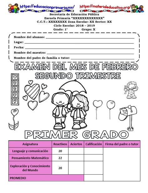 Examen Del Primer Grado Del Mes De Febrero Segundo Trimestre Ciclo Escolar 2018 2019