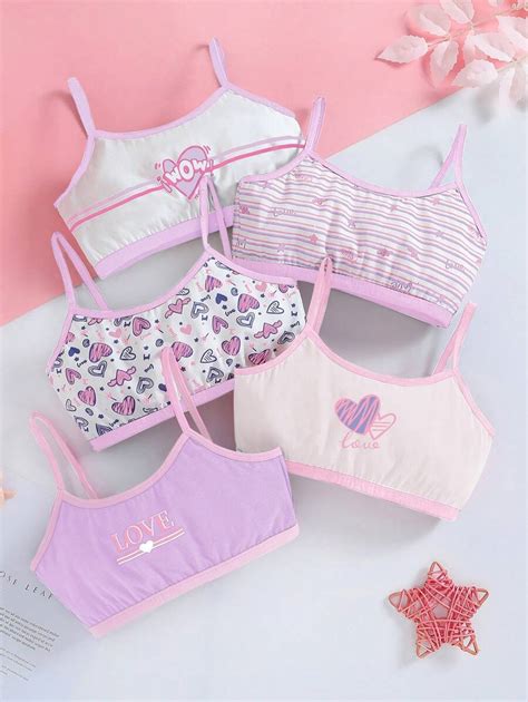 5pcs Pack Tween Girl Heart Stripe Print American Retro Style Lingerie Set SHEIN USA