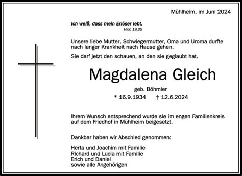 Traueranzeigen Von Magdalena Gleich Schwaebische De Trauerportal