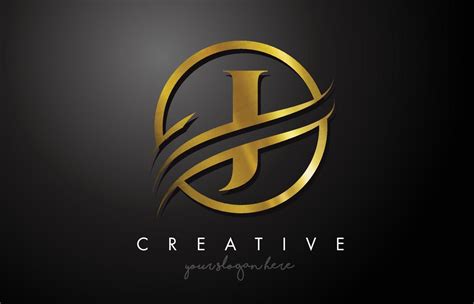 J Golden Letter Logo Design With Circle Swoosh And Gold Metal Texture