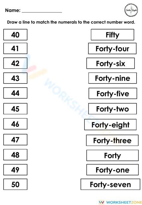 Matching Number Names And Numerals 40 50 Worksheet