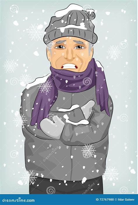 Senior Man Freezing In Winter Cold Wearing Woolen Hat And Jacket With