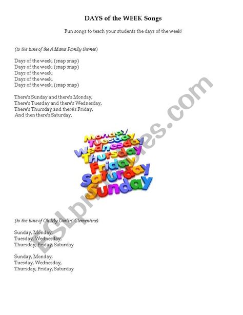 Days of the Week songs - ESL worksheet by jenna512