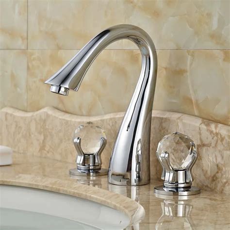 Swan Shaped Bathroom Sink Faucet Dual Handles Three Holes Chrome Finish Deck Mounted In Basin