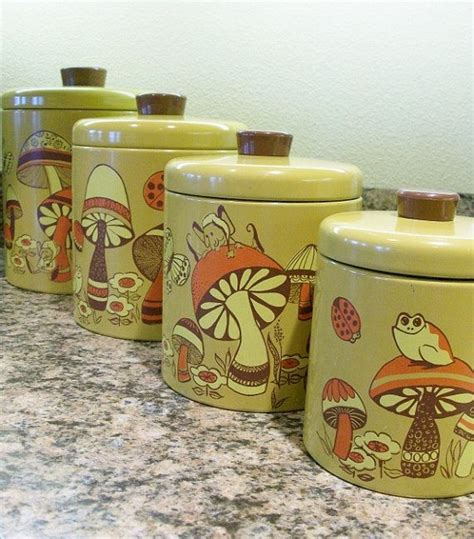 Vintage Canister Set Gold And Orange Mushrooms Frogs And Fairies