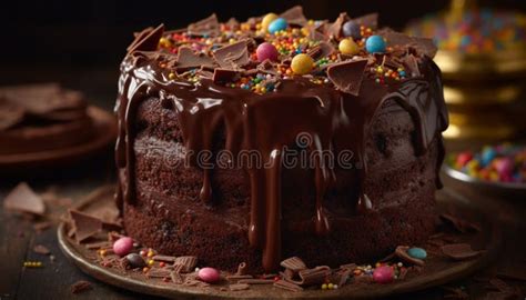 Indulgent Chocolate Cake Slice With Dark Icing And Fresh Fruit